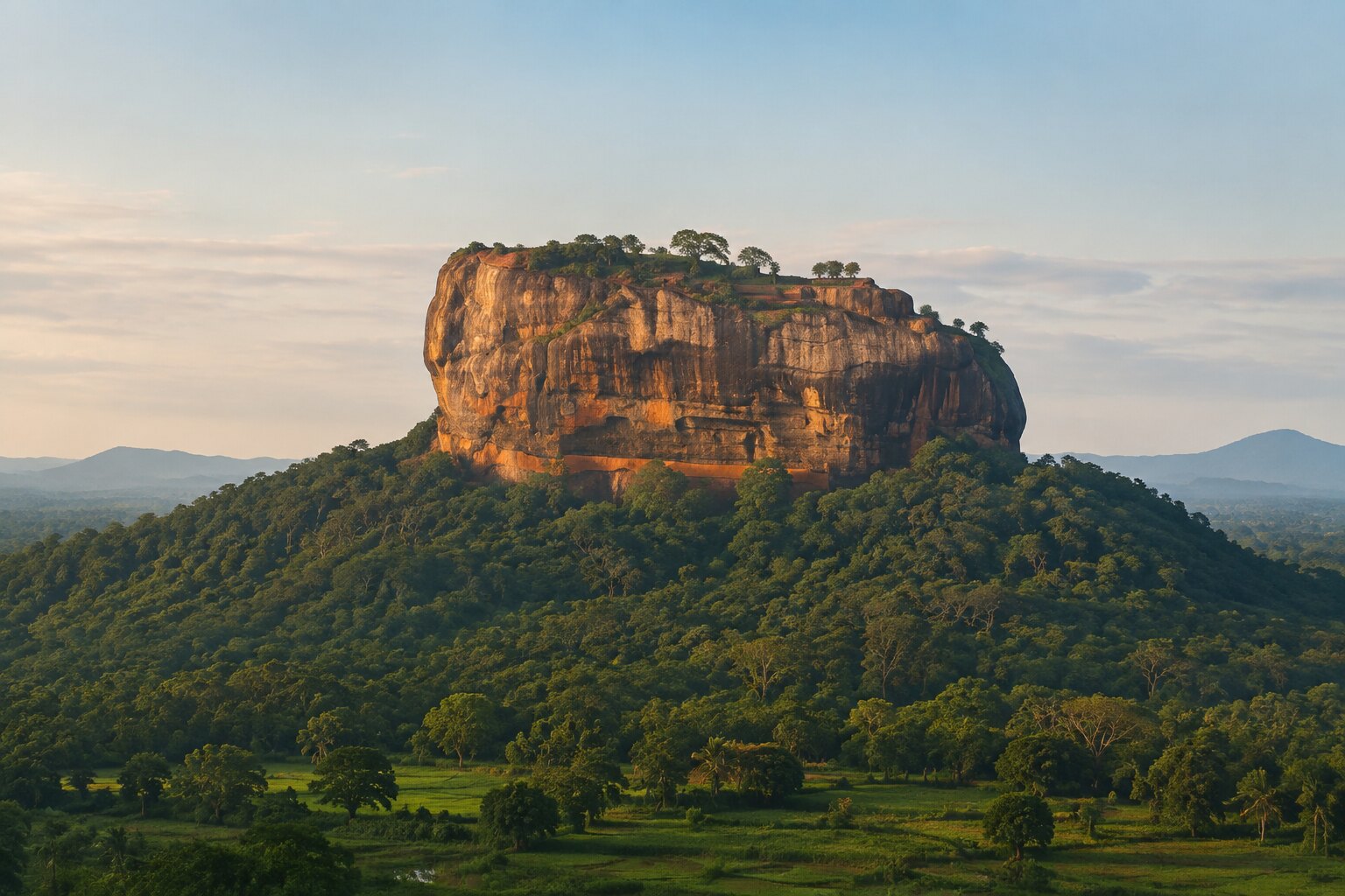 Weite erhöhte Ansicht des Sigiriya-Löwenfelsens im Morgenlicht
